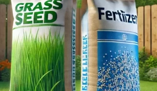 DALL·E 2025-02-01 14.09.17 - A highly realistic image of two large bags standing upright on a green lawn. One bag is labeled 'Grass Seed' with an image of thick, lush grass, and t